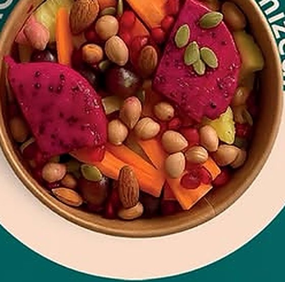 Grita customised snack bowl with fruit, nuts and dragon fruit