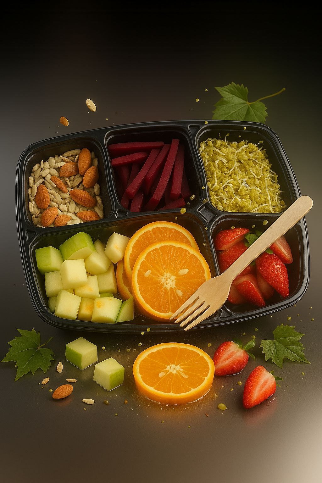 Grita 5-compartment fuel tray with almonds, beetroot, sprouts, apple, orange and strawberries